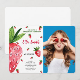 Invitación de cumpleaños de fresa con foto editabl