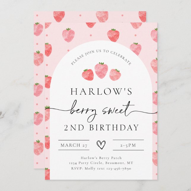 Invitación de cumpleaños de fresa | Cumpleaños de  (Anverso / Reverso)