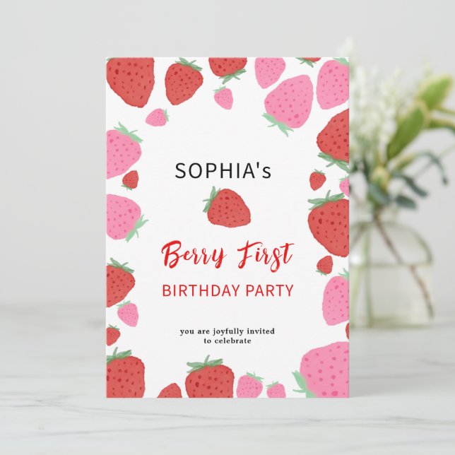 Invitación de cumpleaños de fresa dulce (Anverso de pie)