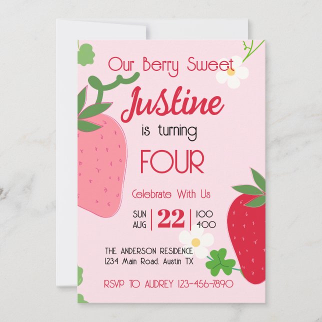 Invitación de cumpleaños de fresa dulce de baya (Anverso)