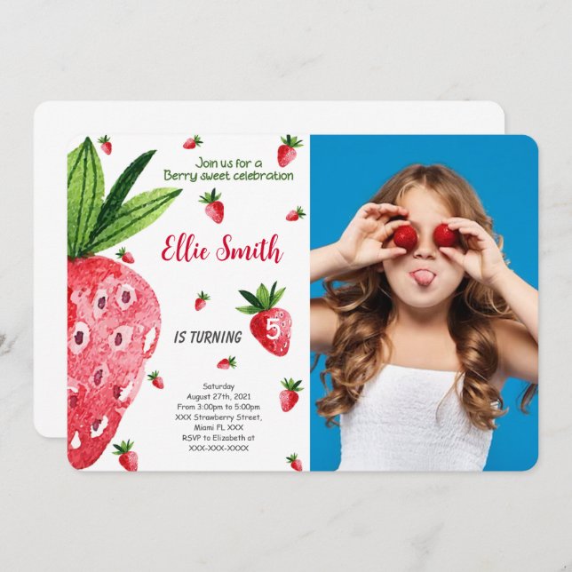 Invitación de cumpleaños de fresa editable con fot (Anverso / Reverso)