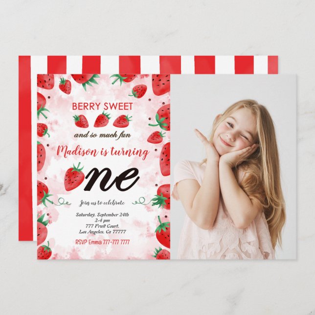 Invitación de cumpleaños de fresa editable con fot (Anverso / Reverso)