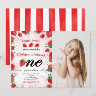 Invitación de cumpleaños de fresa editable con fot