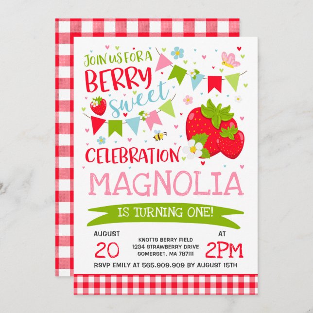 Invitación de cumpleaños de fresa Fiesta de Berry  (Anverso / Reverso)