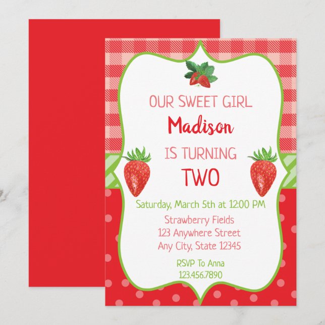 Invitación de cumpleaños de fresa Fiesta de Berry  (Anverso / Reverso)