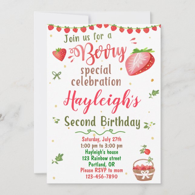 Invitación de cumpleaños de fresa fiesta dulce Ber (Anverso)