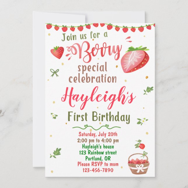 Invitación de cumpleaños de fresa fiesta dulce Ber (Anverso)