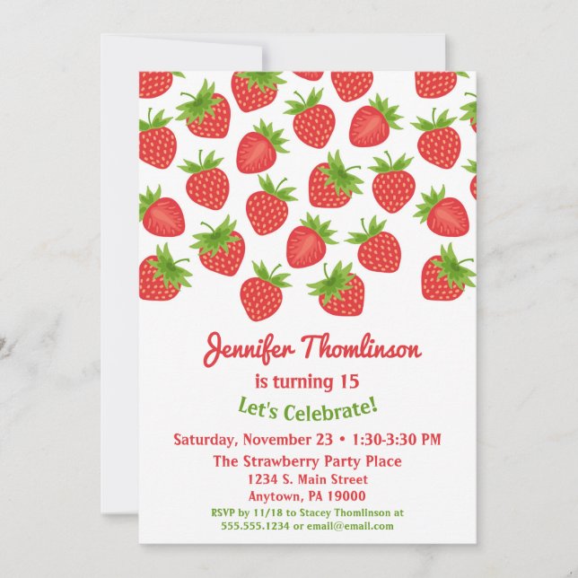 Invitación de cumpleaños de fresa Fresas de verano (Anverso)