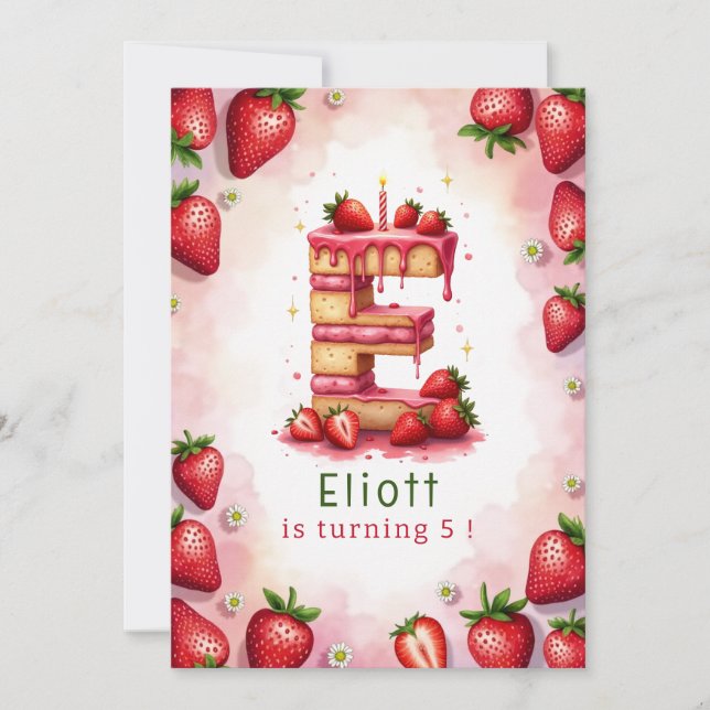 Invitación de cumpleaños de fresa Letra E Cake Tem (Anverso)