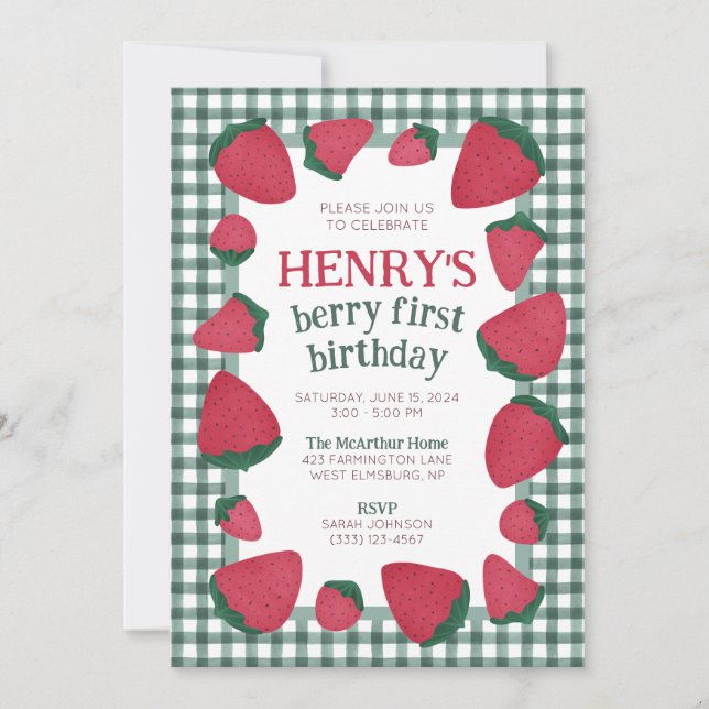 Invitación de cumpleaños de fresa para niño o Chic (Anverso)