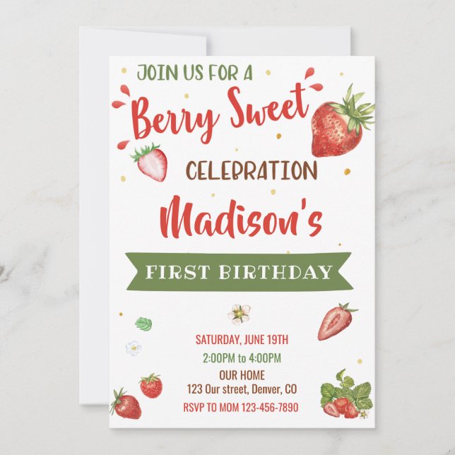 Invitación de cumpleaños de fresa Primer chica de  (Anverso)