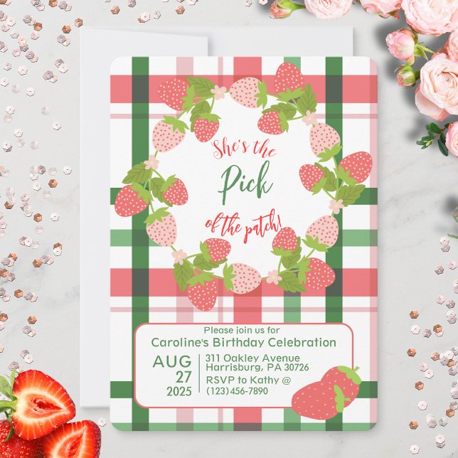 Invitación de cumpleaños de fresa rosa verde verde (Strawberry "Pick of the Patch"  party invitation)