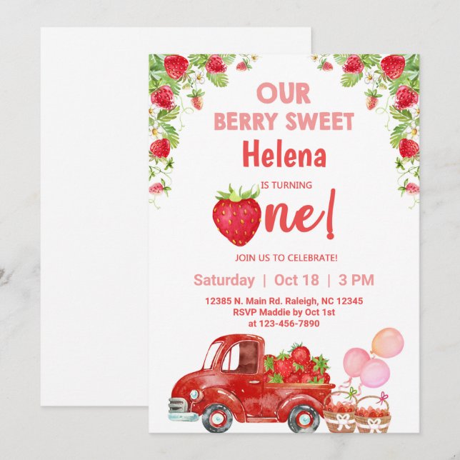 Invitación de cumpleaños de fresas con chica dulce (Anverso / Reverso)