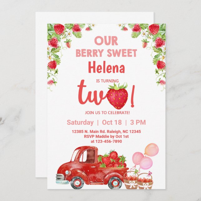 Invitación de cumpleaños de fresas con chica dulce (Anverso / Reverso)