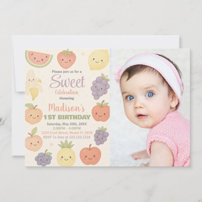 Invitación de cumpleaños de fruta tropical con fot (Anverso)