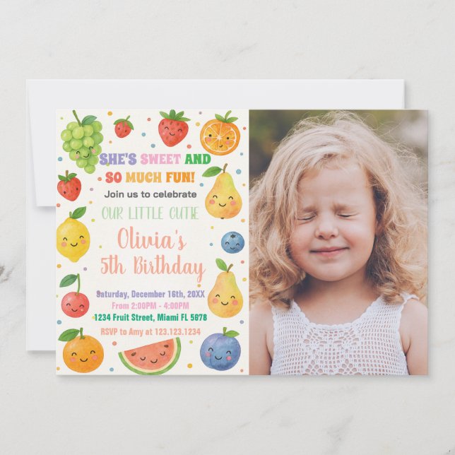 Invitación de cumpleaños de fruta tropical con fot (Anverso)