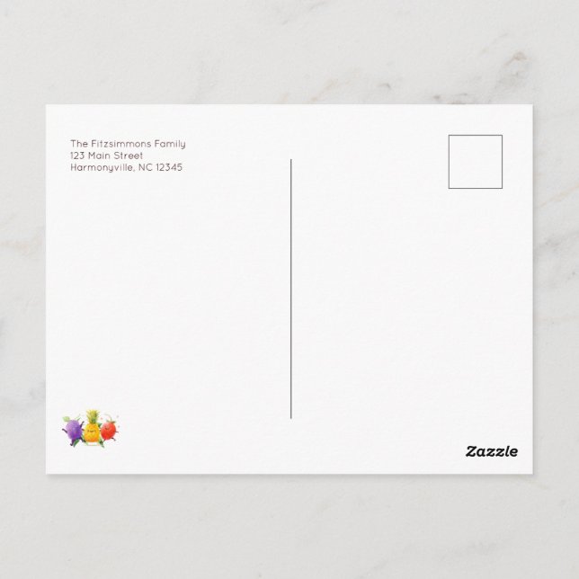 Invitación de cumpleaños de frutas bailarinas (Reverso)