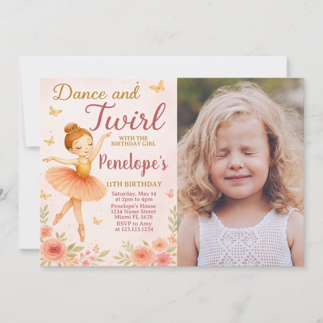 Invitación de cumpleaños de Fun Ballerina con foto (Anverso)