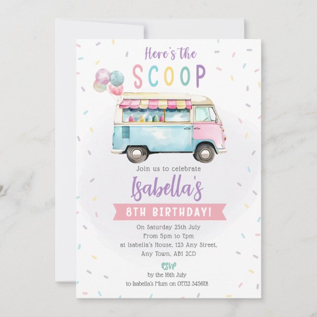 Invitación de cumpleaños de furgoneta de helados - (Anverso)