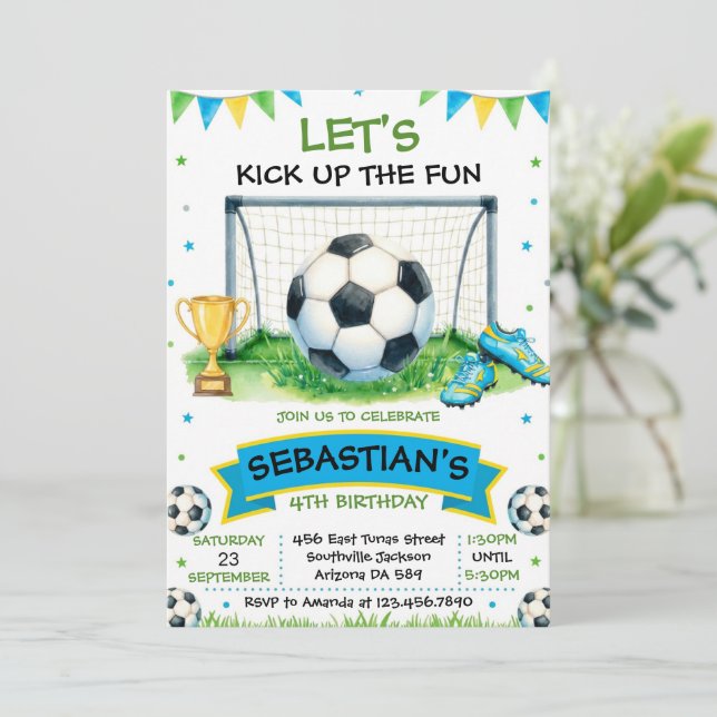 Invitación de cumpleaños de fútbol (Anverso de pie)