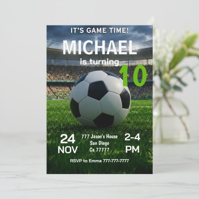 Invitación de cumpleaños de fútbol (Anverso de pie)