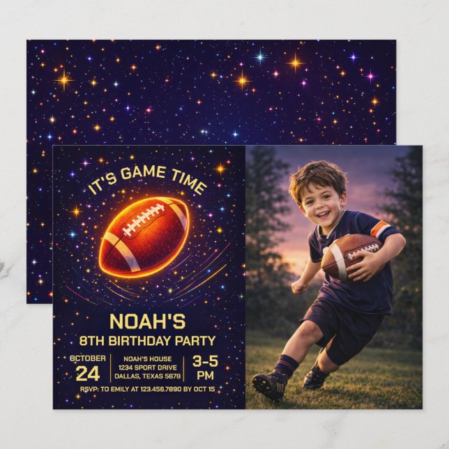 Invitación de cumpleaños de fútbol con brillo de n (Anverso / Reverso)