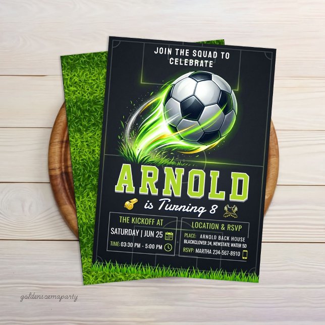Invitación de cumpleaños de fútbol | Deporte de br (Soccer Birthday Invitation | Neon Green Glow Sport
)