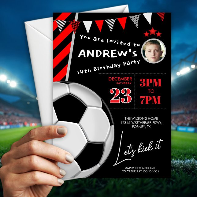 Invitación de cumpleaños de fútbol negro Rojo Cool (Subido por el creador)