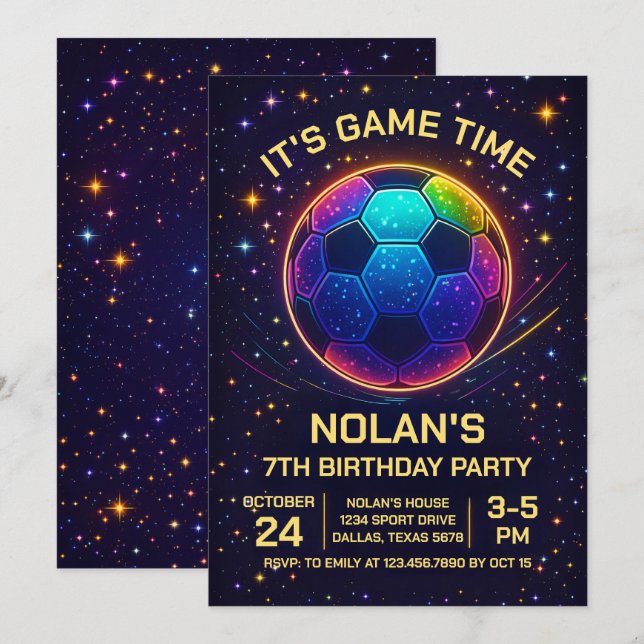 Invitación de cumpleaños de fútbol neon (Anverso / Reverso)