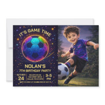 Invitación de cumpleaños de fútbol Neon con foto