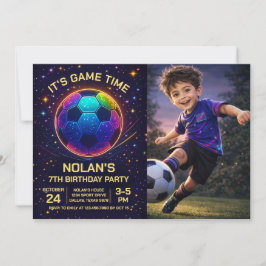Invitación de cumpleaños de fútbol Neon con foto