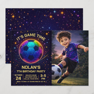Invitación de cumpleaños de fútbol Neon con foto