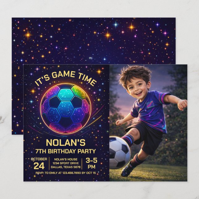 Invitación de cumpleaños de fútbol Neon con foto (Anverso / Reverso)