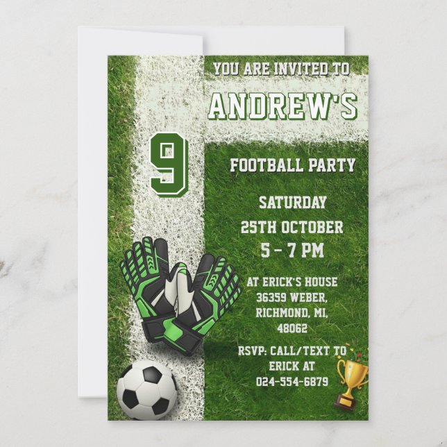 Invitación de cumpleaños de fútbol personalizada (Anverso)