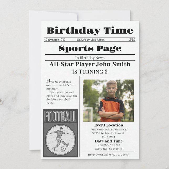 Invitación de cumpleaños de fútbol personalizada c (Anverso)