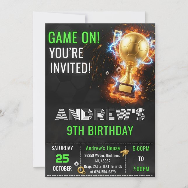 Invitación de cumpleaños de fútbol simple personal (Anverso)