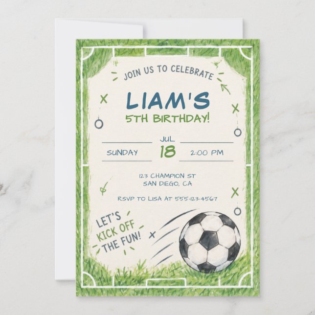 Invitación de cumpleaños de fútbol verde (Anverso)