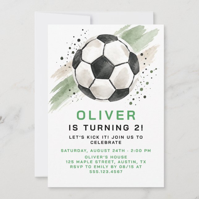 Invitación de cumpleaños de fútbol verde (Anverso)