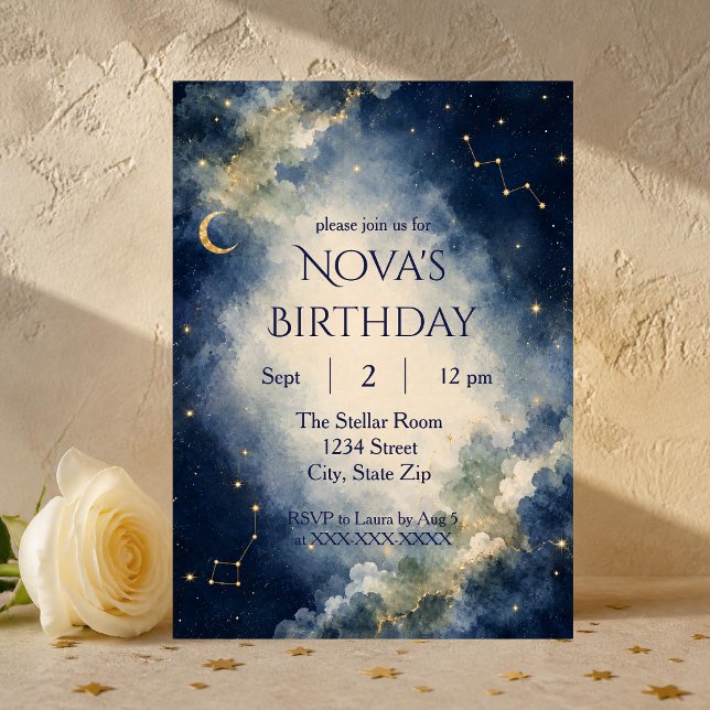 Invitación de cumpleaños de galaxia celestial | Ac (Elegant celestial birthday invitation with watercolor clouds, moon, stars and constellations.)