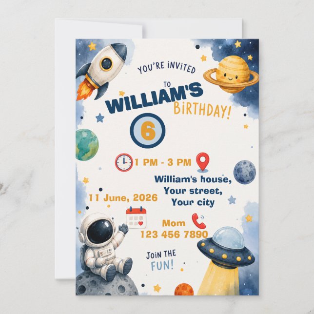 Invitación de cumpleaños de galaxia y cosmos (Anverso)
