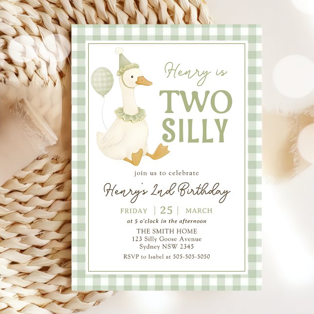 Invitación de cumpleaños de ganso tonto de gingham (Subido por el creador)