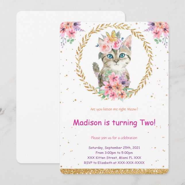 Invitación de cumpleaños de gatito (Anverso / Reverso)