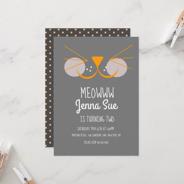 Invitación de cumpleaños de gatito adorable gato g (Anverso/Reverso In Situ)