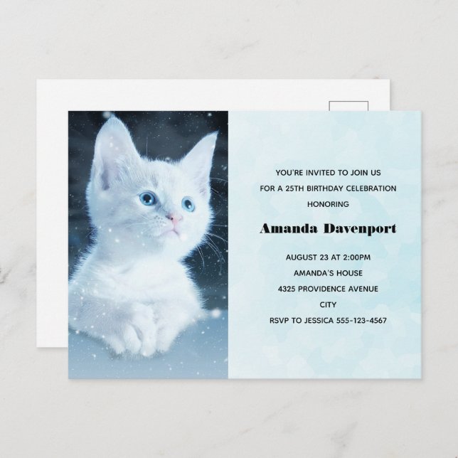 Invitación de cumpleaños de gatito blanco lindo co (Anverso / Reverso)