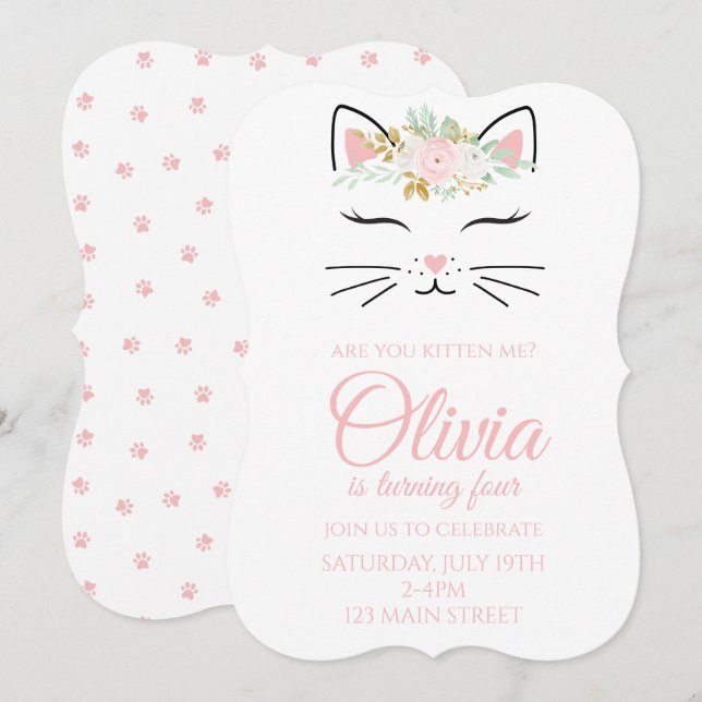 Invitación de cumpleaños de gatito con cara de gat (Anverso / Reverso)