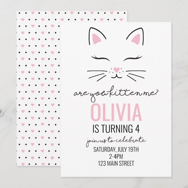 Invitación de cumpleaños de gatito con corazones r (Anverso / Reverso)