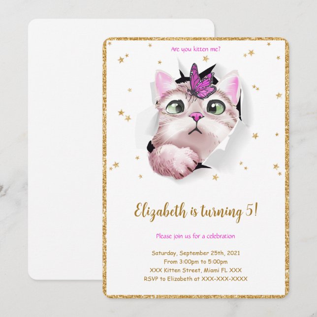 Invitación de cumpleaños de gatito editable (Anverso / Reverso)
