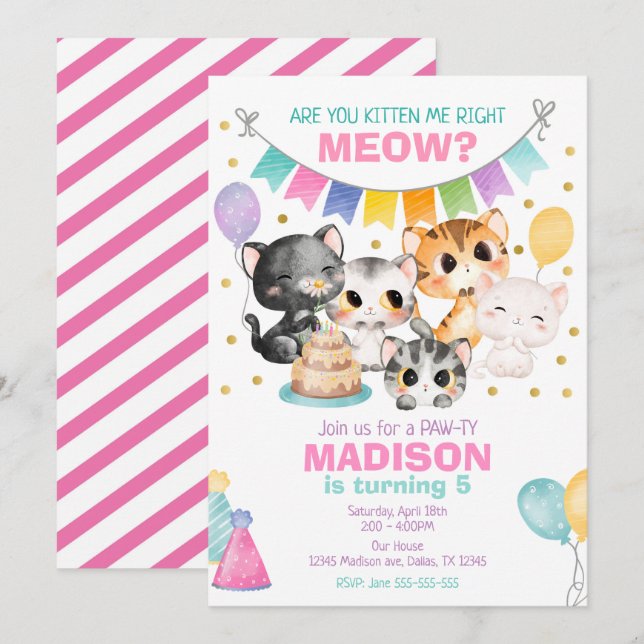 Invitación de cumpleaños de gatito ¿Me estás toman (Anverso / Reverso)