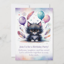 Invitación de cumpleaños de gatito negro adorable