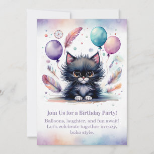 Invitación de cumpleaños de gatito negro adorable